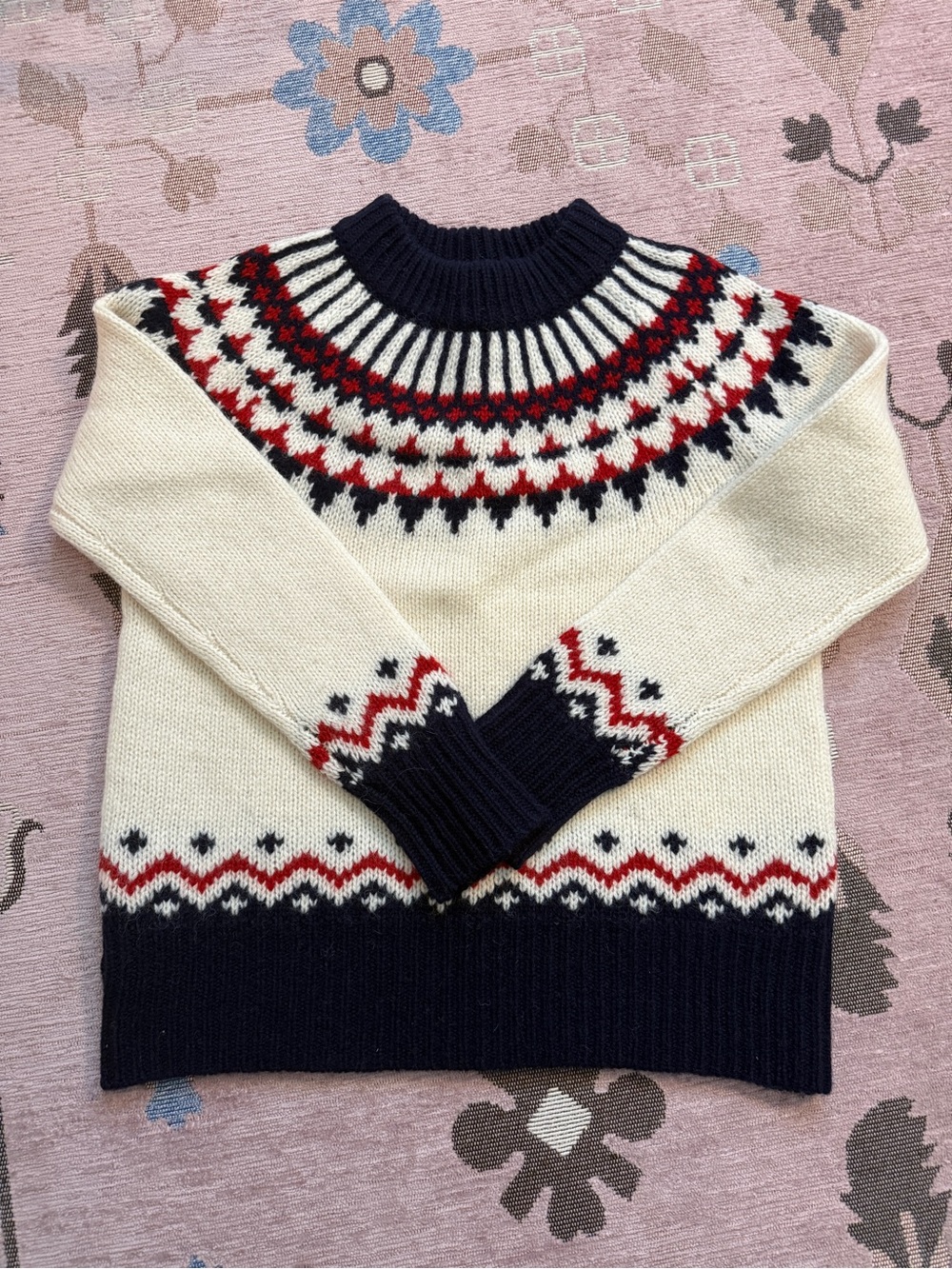Tommy Hilfiger Y2K 100% Shetland Wool Fair Isle Sweater with Navy & Red Accents